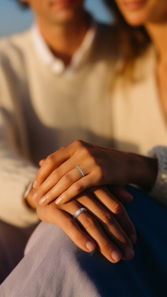 Happy Female on a Beach Wearing Diamond Engagement Ring