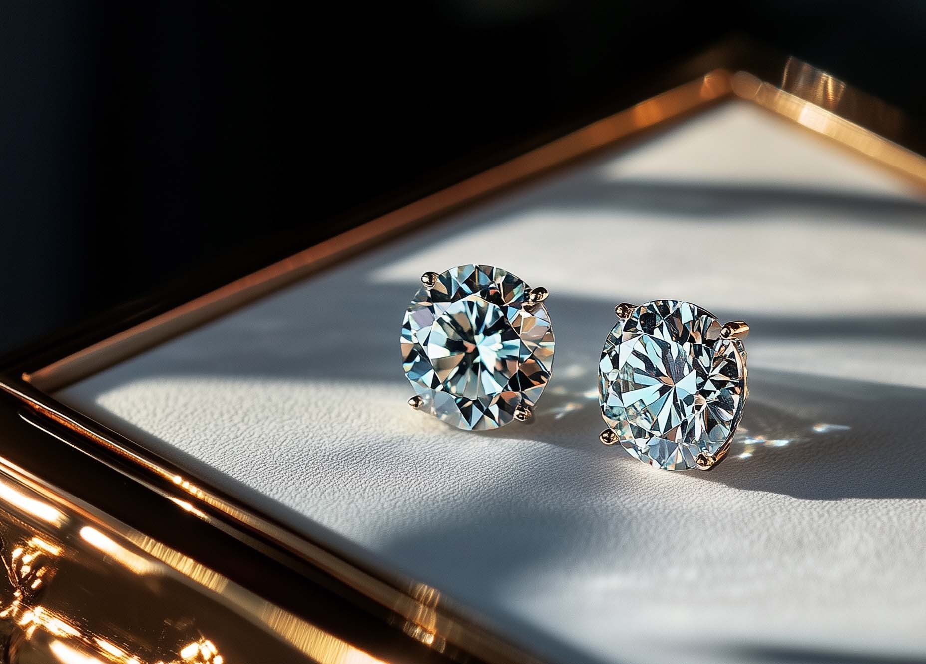 Round Lab Diamond Studs on white textured surface