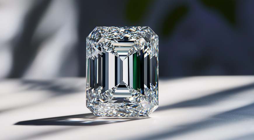 An emerald-cut diamond with clean lines and a geometric shape, resting on a light-colored surface with soft shadows.