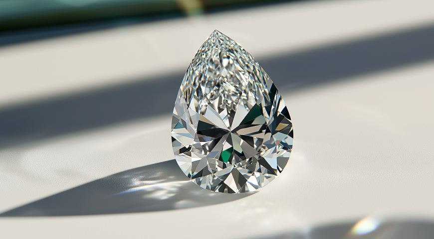 A pear-shaped diamond with a sharp tip and rounded base, displayed on a white surface with natural lighting and subtle shadows.