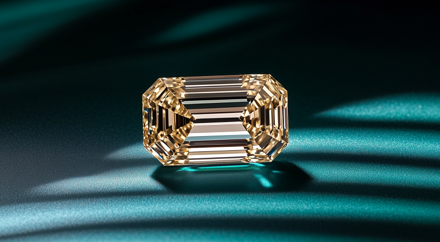 A golden-hued emerald-cut diamond set against a deep teal background, with light streaming across the surface creating dramatic shadows.