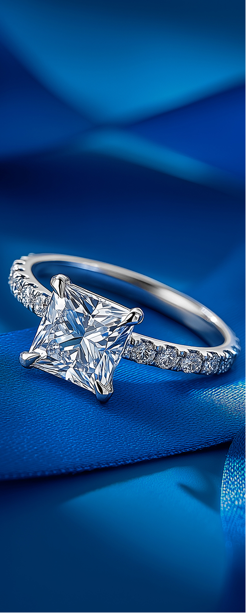 Petite pave engagement ring with side diamonds and princess cut diamond center stone on blue surface.