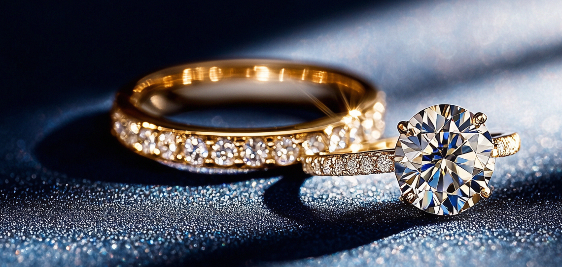 Matching diamond ring set on blue surface