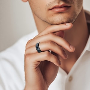 Men's Wedding Ring with Black & Blue Carbon Fiber Inlay in Black Ceramic (8 mm)