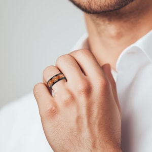 Men's Wedding Ring with Mahogany Wood Inlay in Black Ceramic