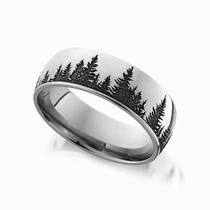 Laser Carved Forest Pattern Men's Wedding Ring in Cobalt