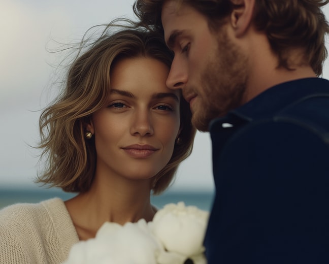 A man and woman stand side by side, engaged in conversation.
