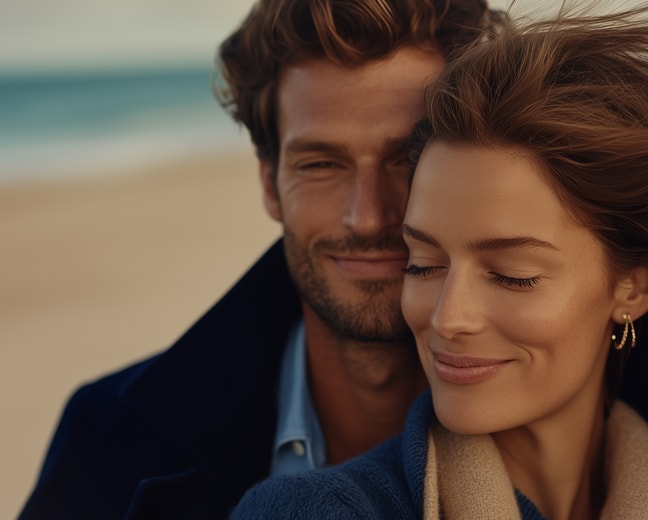 A man and woman share a warm embrace on a serene beach.