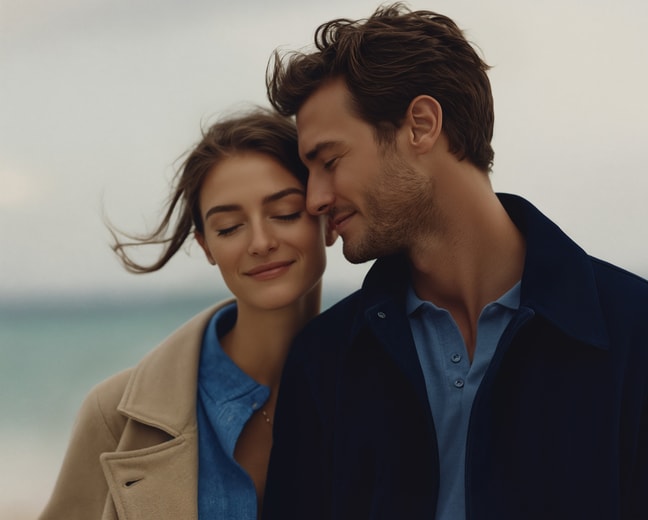 A man and woman stand together on a sandy beach.