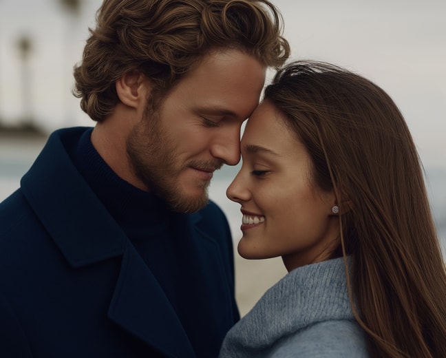 A man and woman share a joyful embrace, both smiling warmly at each other.