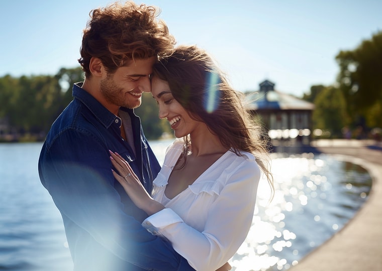 Couple smiling and hugging near the pool, woman wearing diamond engagement ring