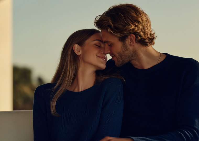 Couple sitting together in the sunset, woman wearing diamond earrings