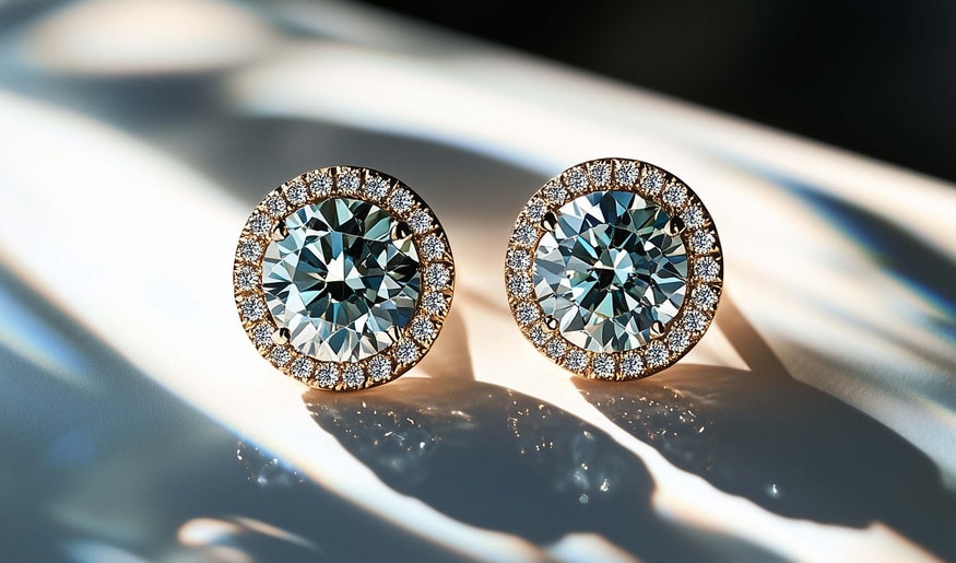 Diamond earrings on white glossy surface