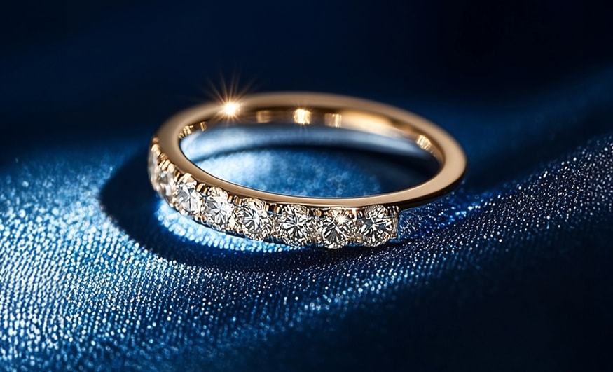 Womens wedding band on blue surface